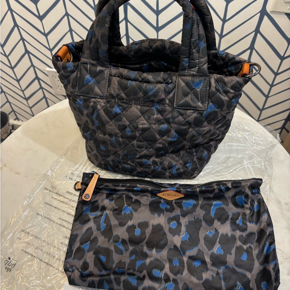 MZ Wallace Blue Leopard Metro Tote Deluxe w/Detachable Pouch Quilted Bag